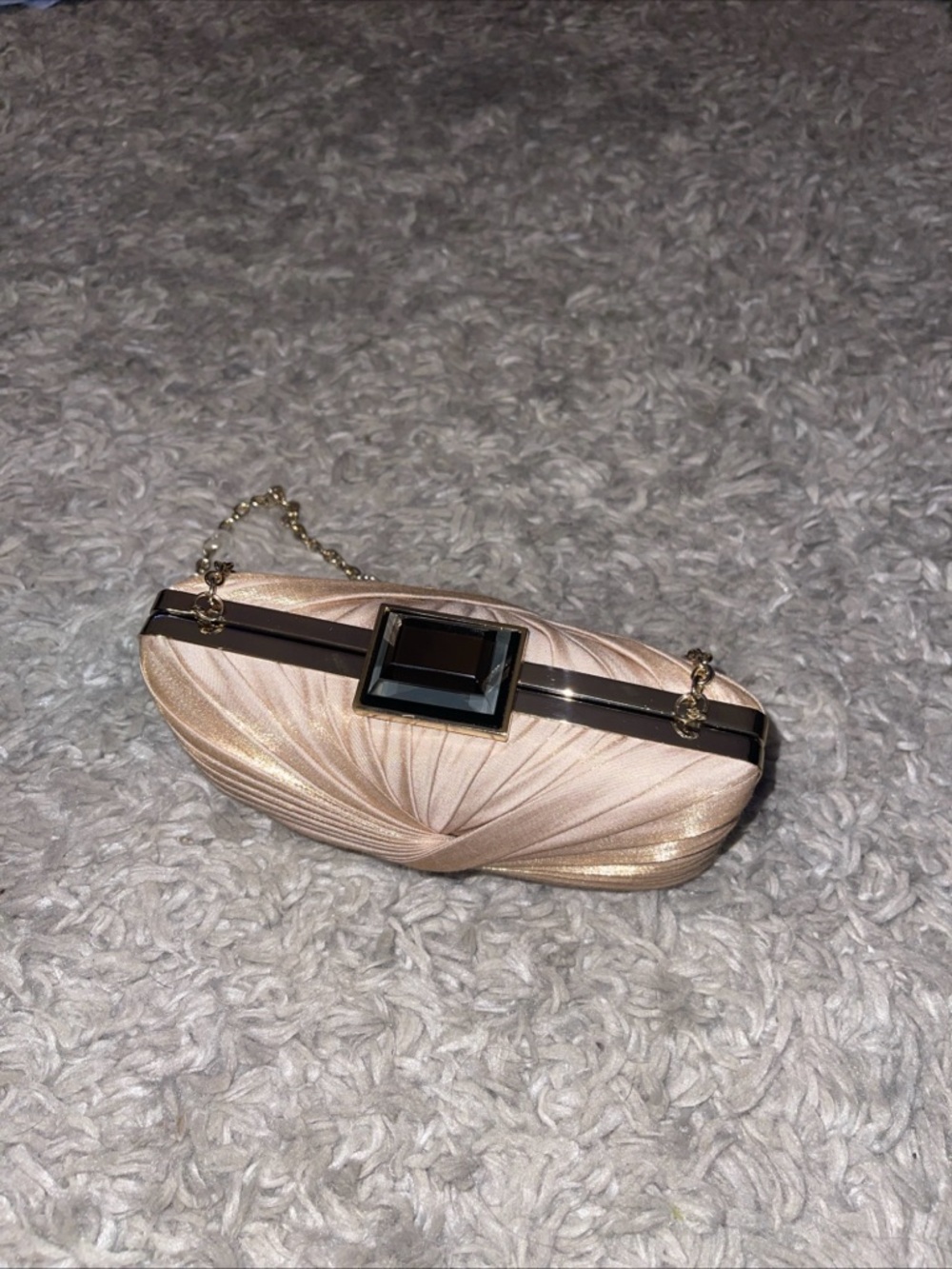 Sondra Roberts Clutch Evening Bag Ivory Satin W/ Chain Strap & Lock Entry